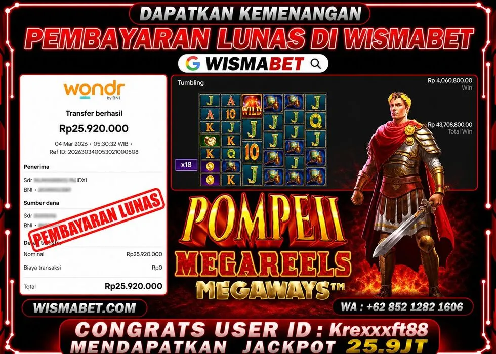 BUKTI KEMENANGAN Pompeii Megareels Megaways Rp25,920,000,- LUNAS